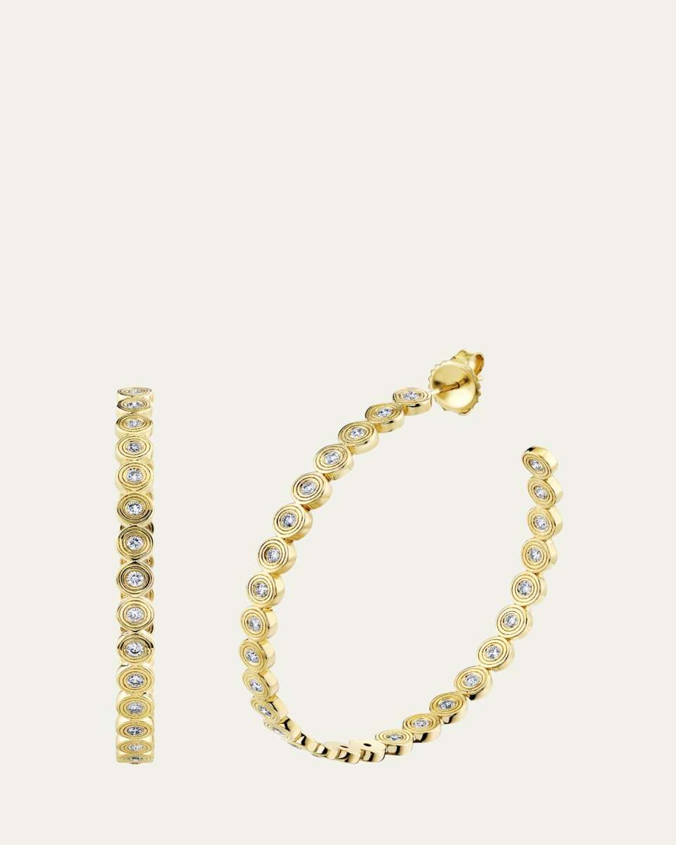 14K Yellow Gold Fluted Diamond Station Hoop Earrings